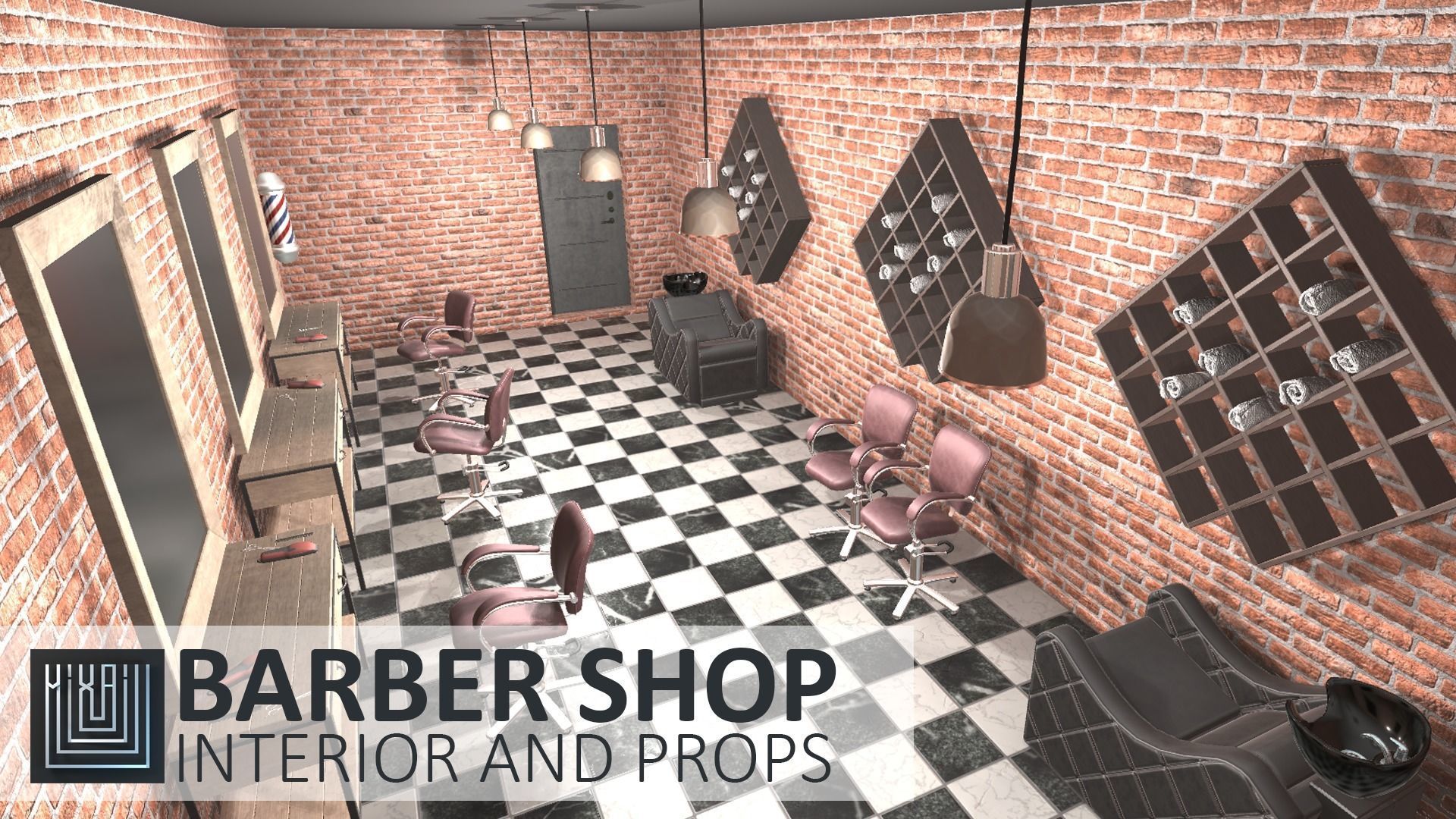 Barber shop - interior and props Low-poly 3D model_2