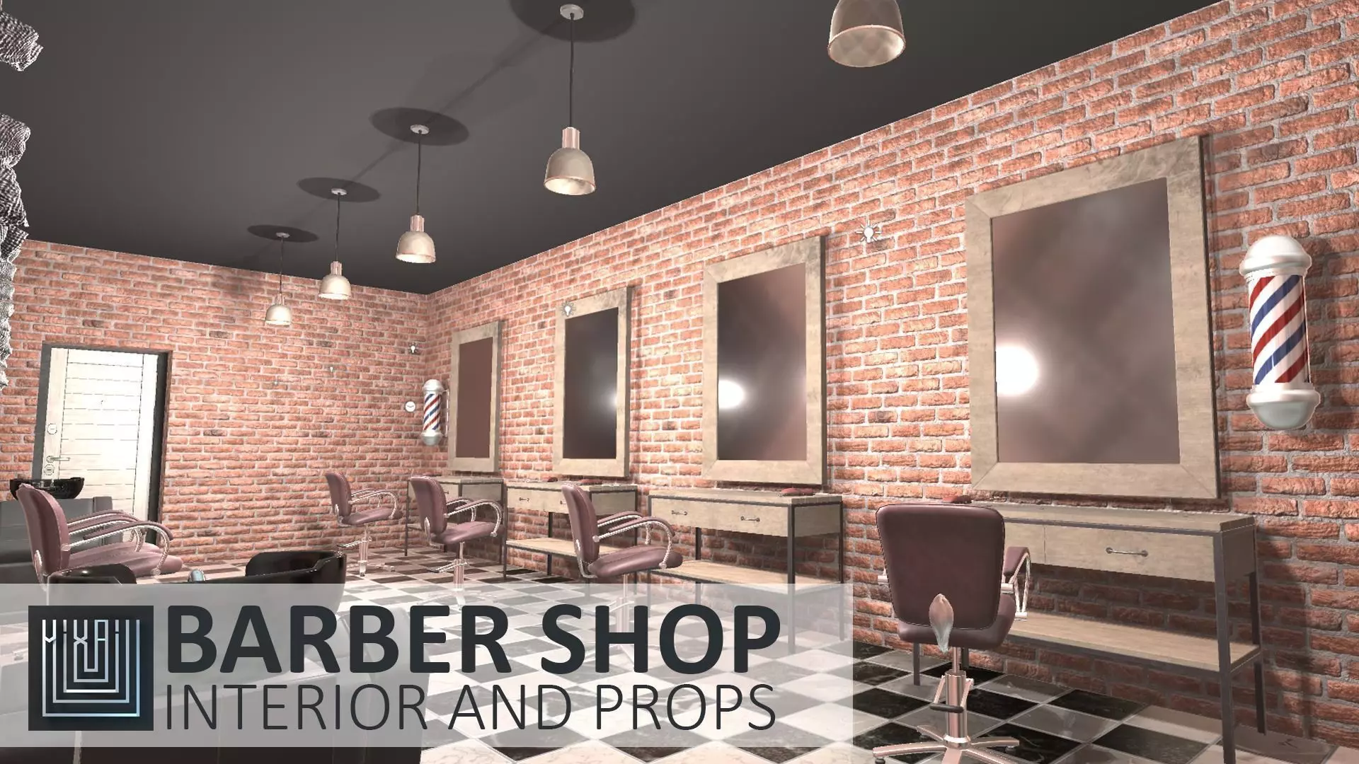 Barber shop - interior and props Low-poly 3D model_0