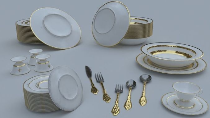 Tableware tea set with cups and saucers Low-poly 3D model