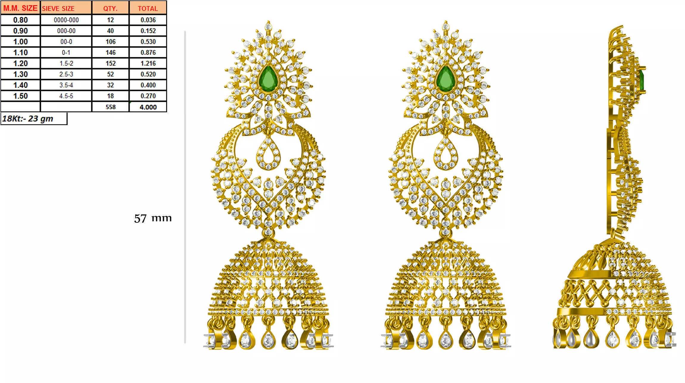 Bell Shaped Gold Drop Earrings With Emerald 3D print model_0