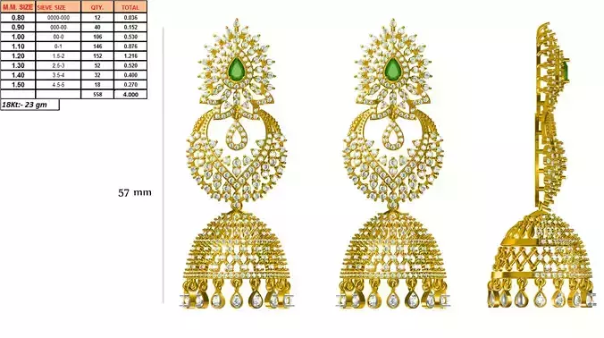 Bell Shaped Gold Drop Earrings With Emerald 3D print model