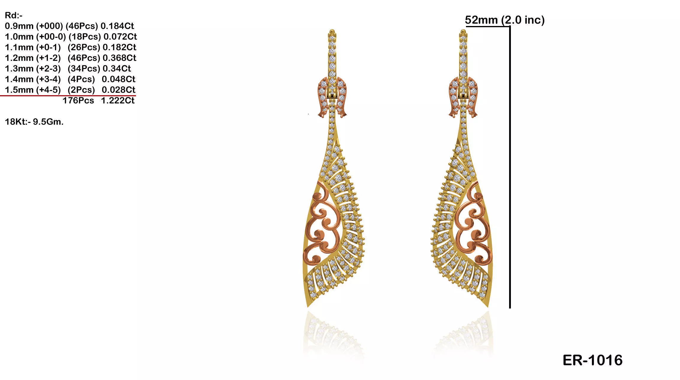 Multi Metal Drop Earrings With Diamonds 1 3D print model