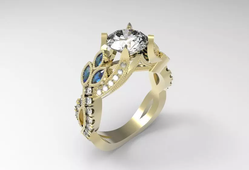 Ring 1 gold engagement with sapphires and diamonds 3D print model