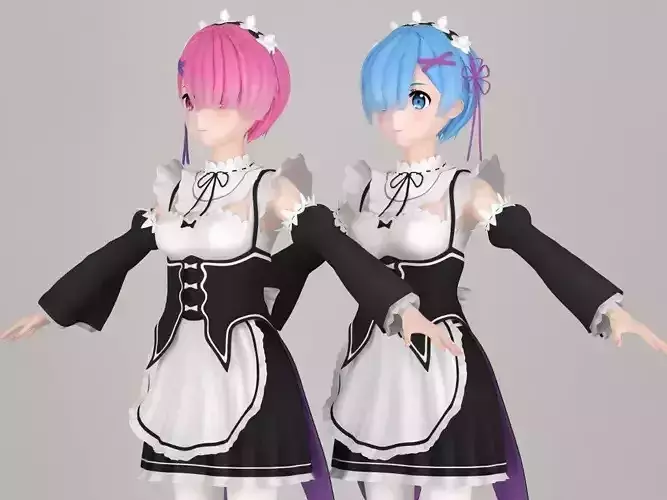 T pose nonrigged model of Ram and Rem anime girls 3D model