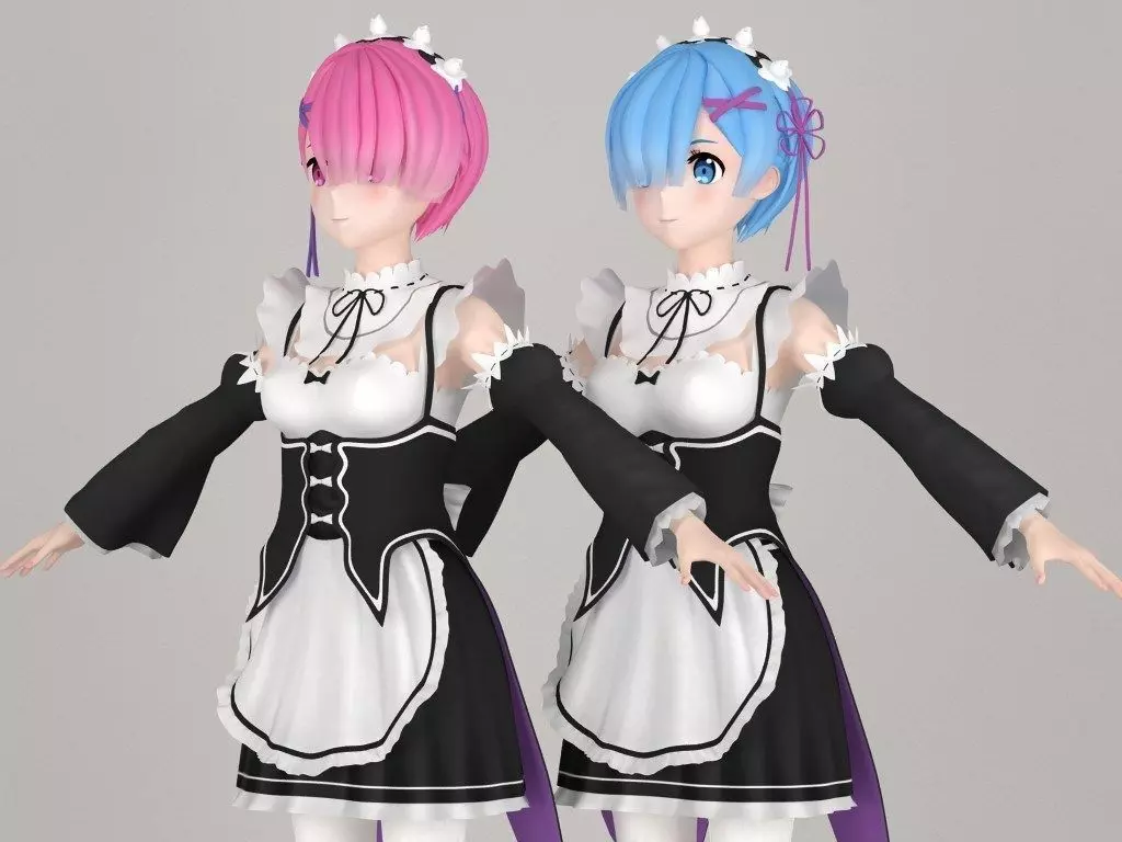T pose nonrigged model of Ram and Rem anime girls 3D model_0