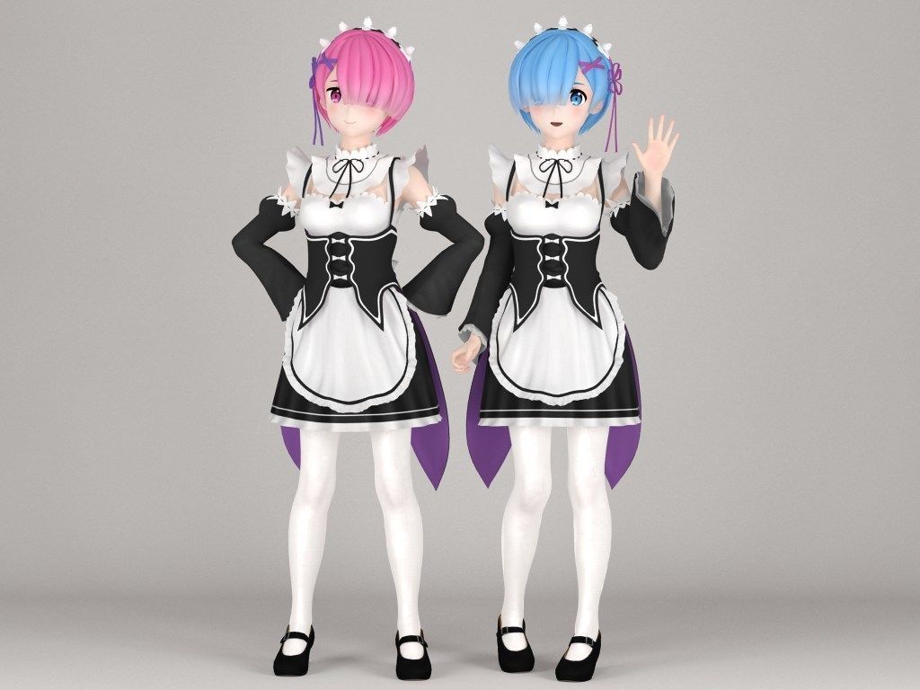 T pose rigged model of Ram and Rem anime girls 3D model_1