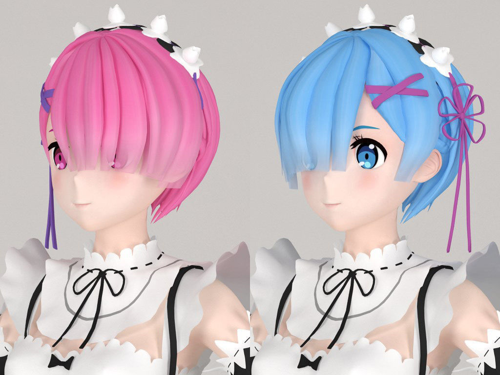 T pose rigged model of Ram and Rem anime girls 3D model_3