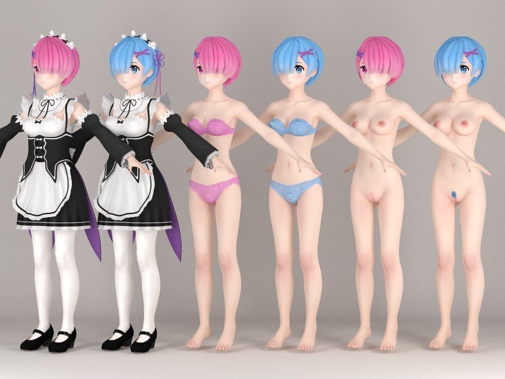 T pose rigged model of Ram and Rem anime girls 3D model_6