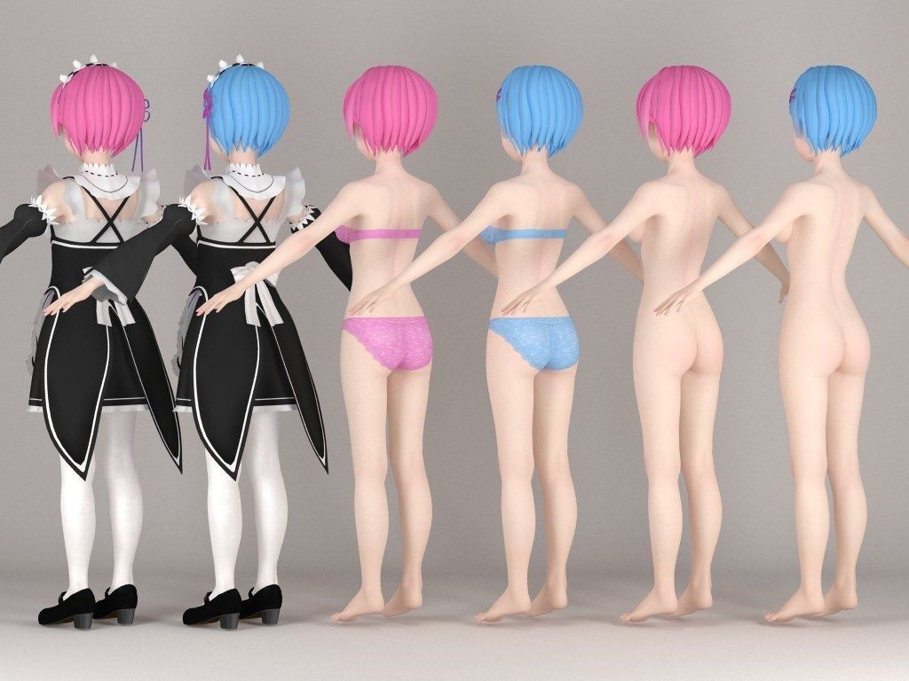 T pose rigged model of Ram and Rem anime girls 3D model_8