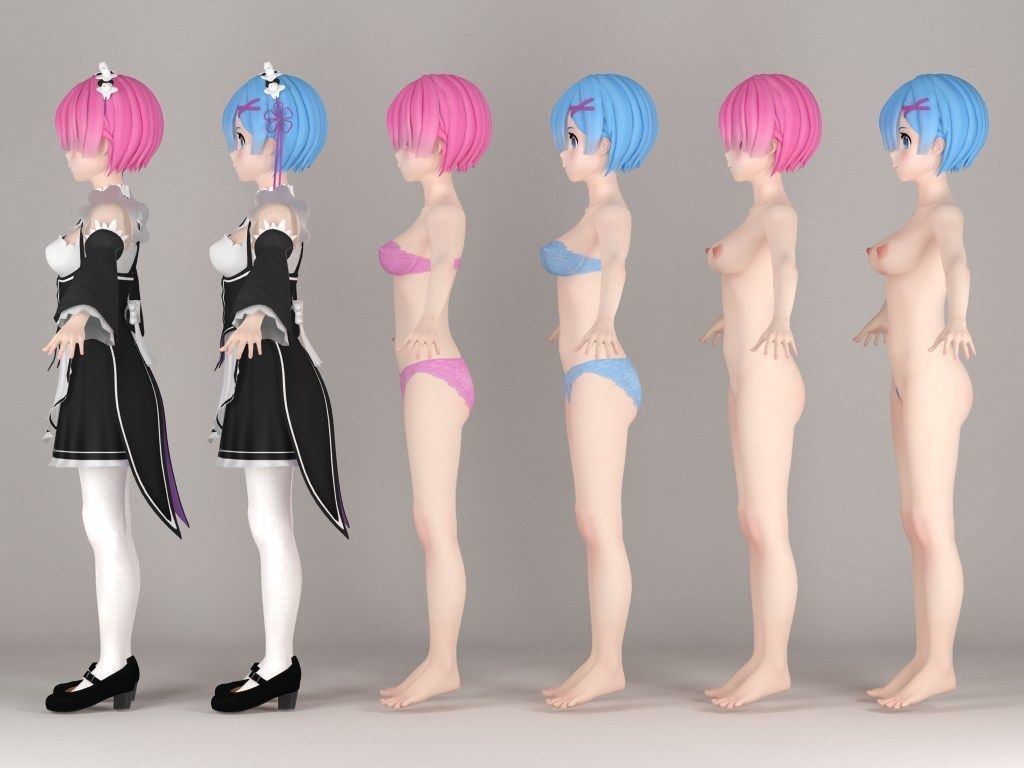 T pose rigged model of Ram and Rem anime girls 3D model_7