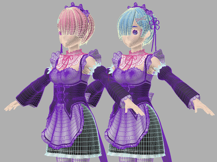 T pose rigged model of Ram and Rem anime girls 3D model_11
