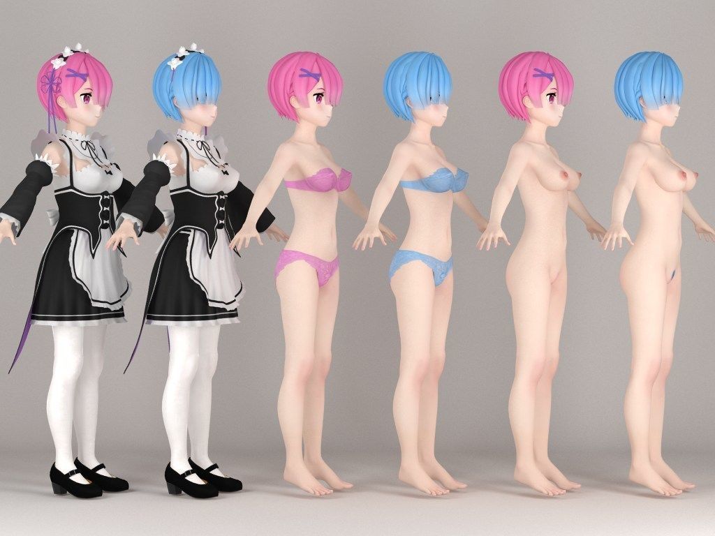 T pose rigged model of Ram and Rem anime girls 3D model_9