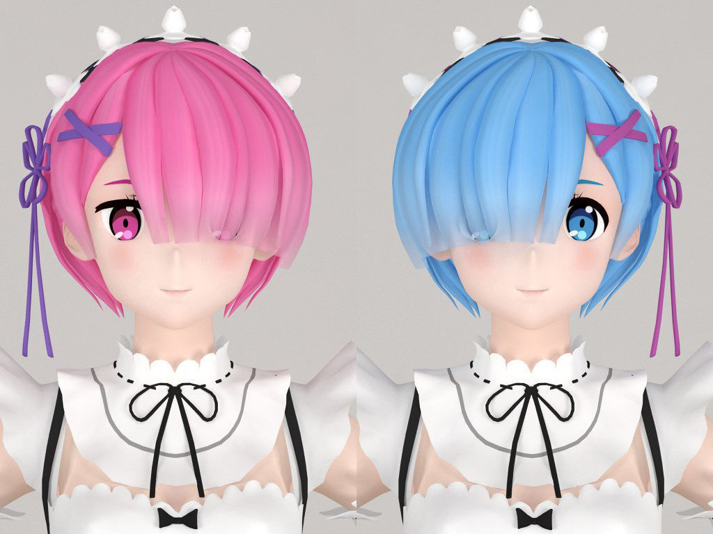 T pose rigged model of Ram and Rem anime girls 3D model_2