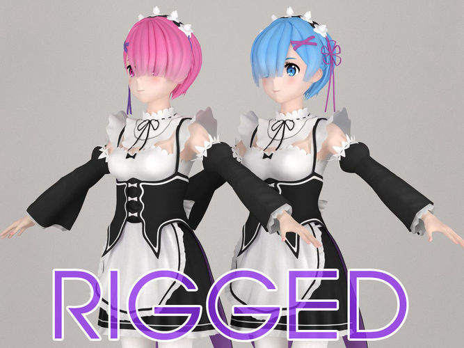 T pose rigged model of Ram and Rem anime girls 3D model