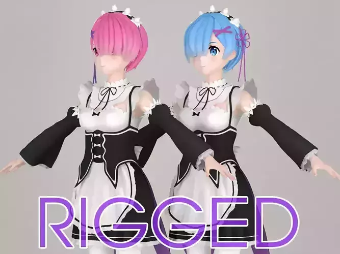 T pose rigged model of Ram and Rem anime girls 3D model