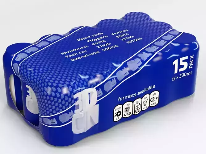 15 pack 330ml drink cans in plastic shrink wrap 3D model