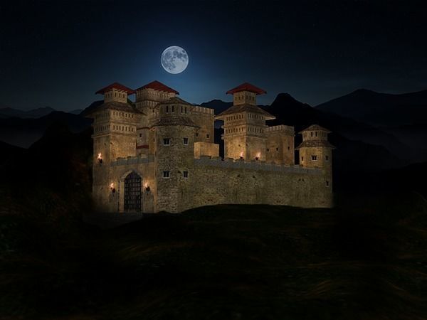 Low Poly Castle at night with full moon Free low-poly 3D model