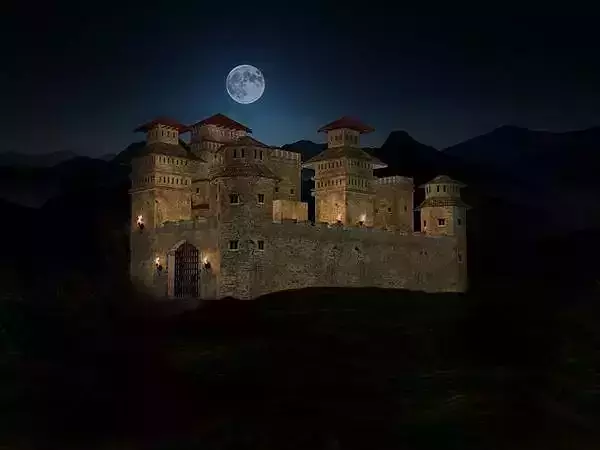 Low Poly Castle at night with full moon Free low-poly 3D model