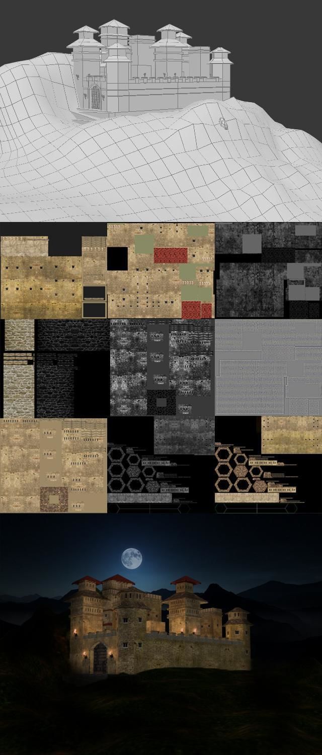 Low Poly Castle at night with full moon Free low-poly 3D model_1