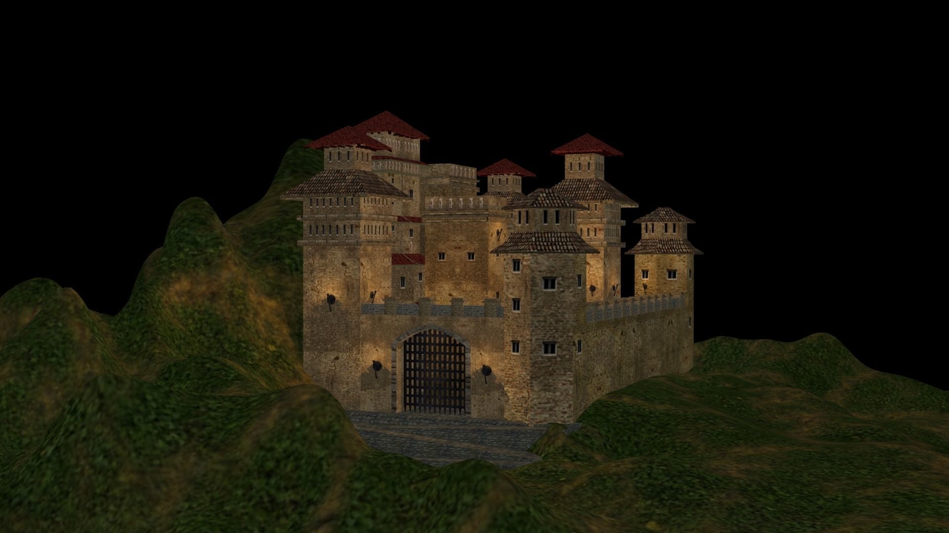Low Poly Castle at night with full moon Free low-poly 3D model_2