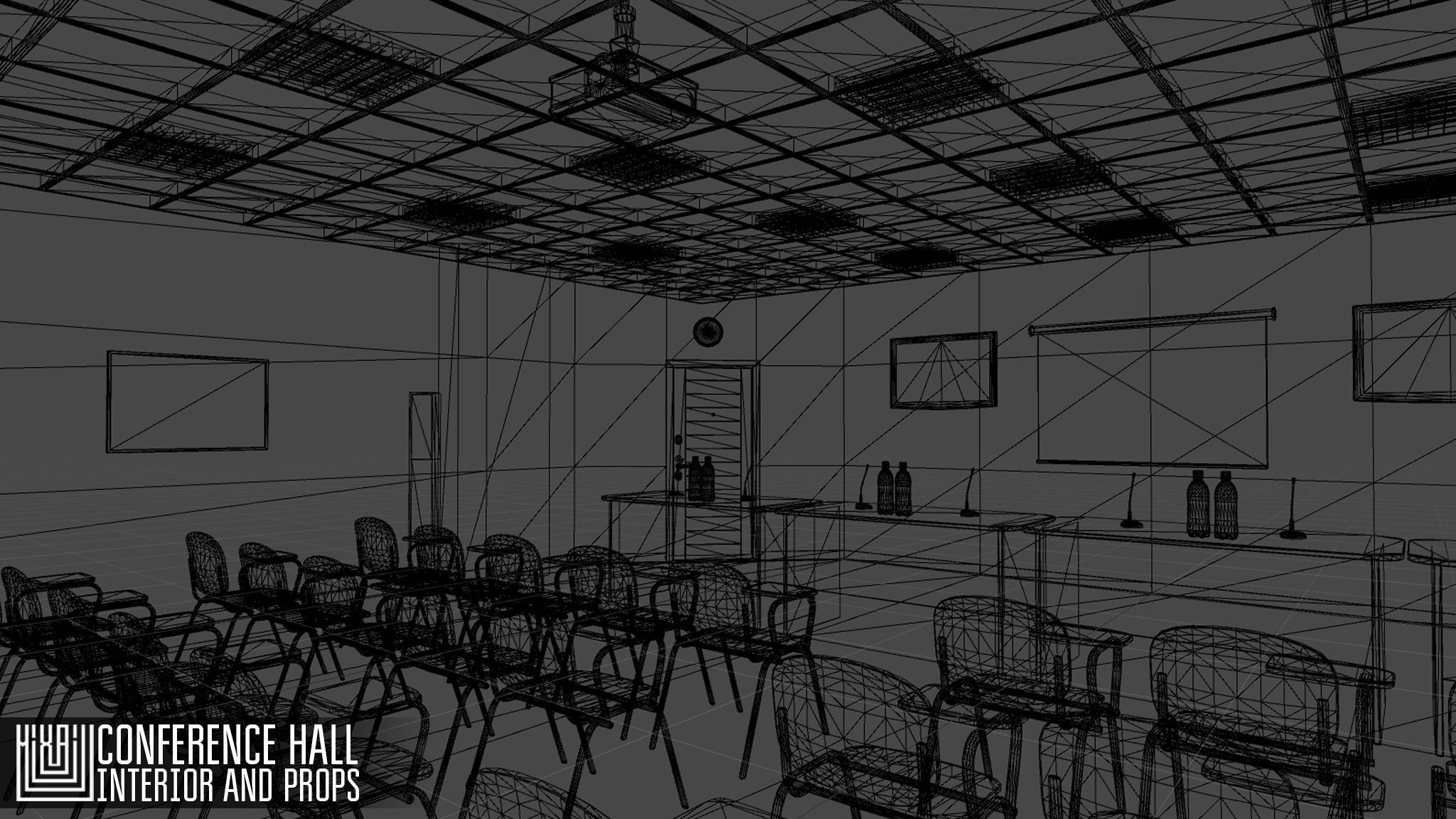 Conference hall - interior and props Low-poly 3D model_4
