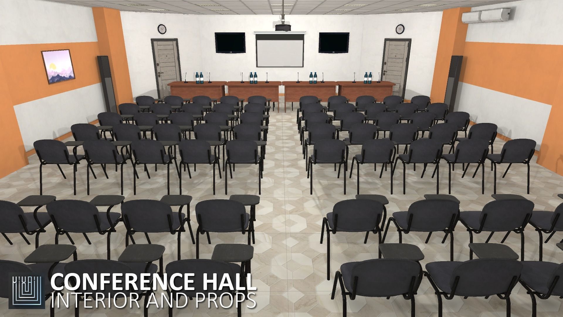 Conference hall - interior and props Low-poly 3D model_11