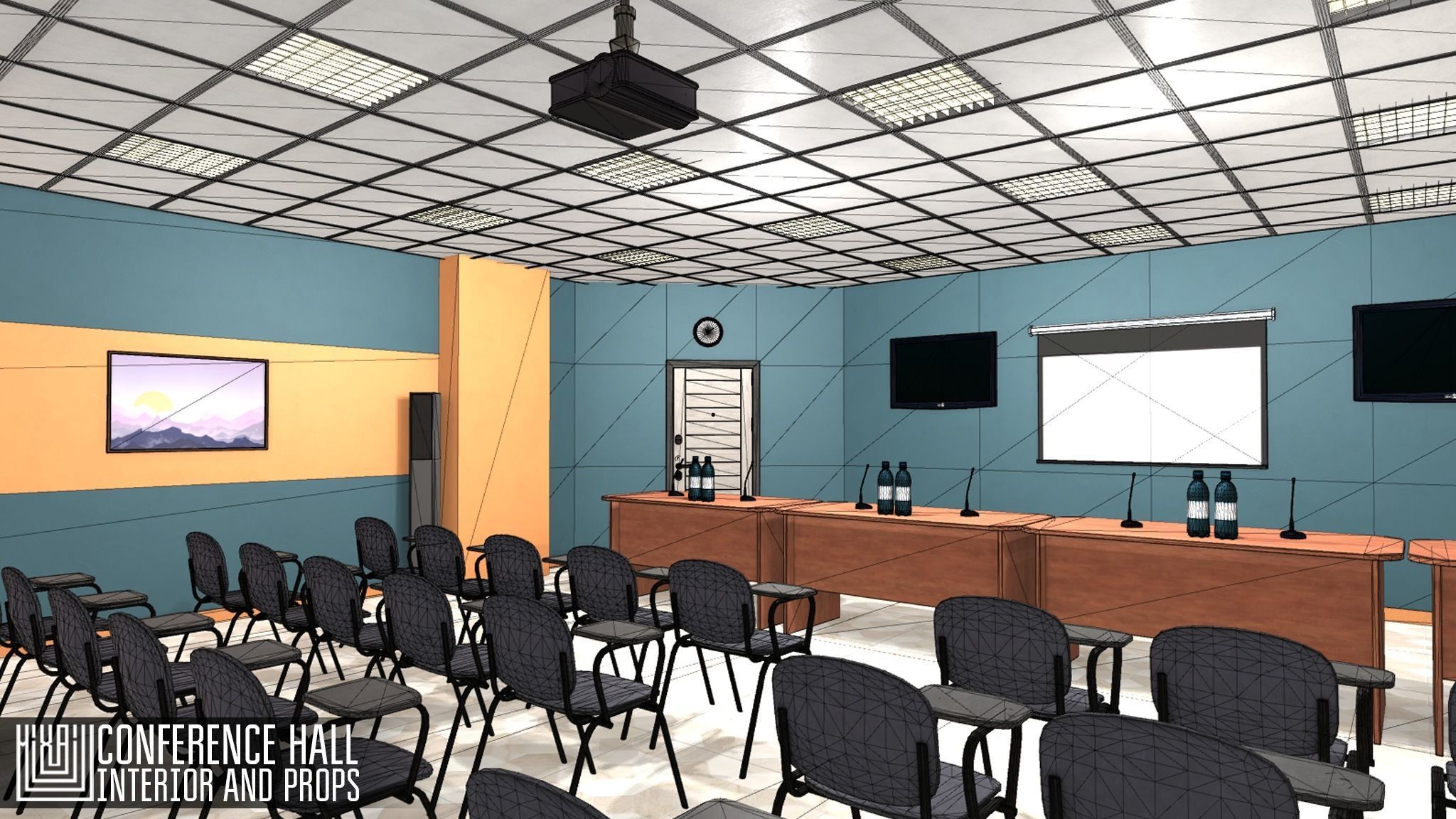 Conference hall - interior and props Low-poly 3D model_5