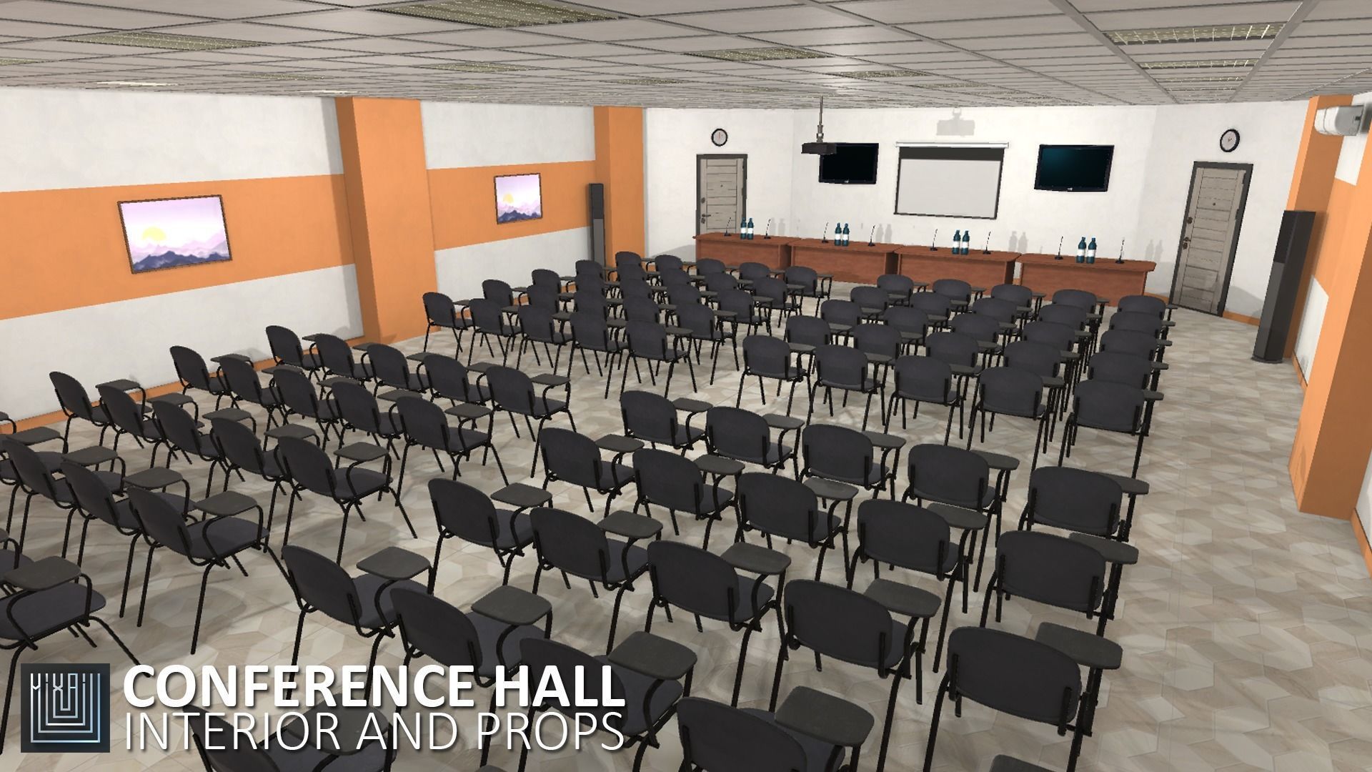 Conference hall - interior and props Low-poly 3D model_9