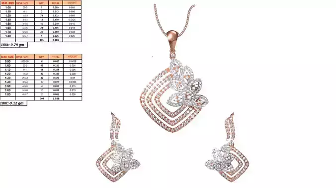 Square Shaped Pendant And Earrings With Diamonds