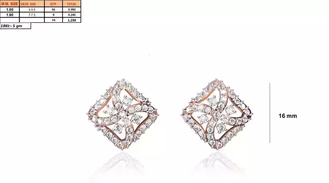 Square Shaped Rose Gold Earrings With Diamonds