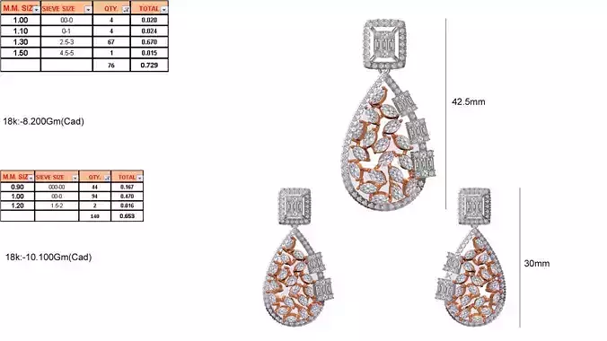 Drop Shaped Pendant And Earrings With Diamonds 3D print model