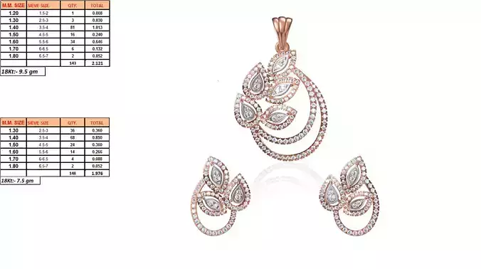 Leaf Design Pendant And Earrings With Diamonds