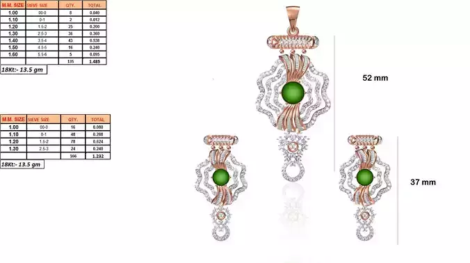 Flower Shaped Pendant And Earrings With Emerald