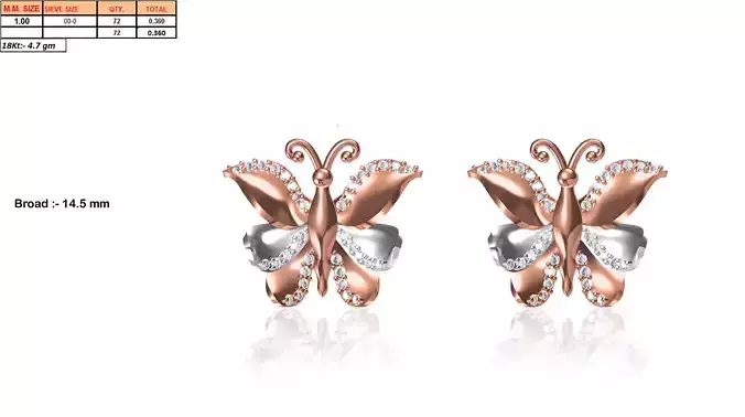 Butterfly Shaped Rose Gold Earrings With Diamonds 3D print model