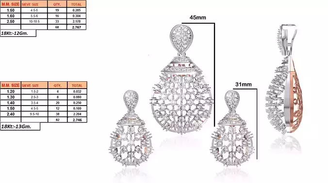 Drop Shape Pendant and Earrings With Diamonds 3D print model