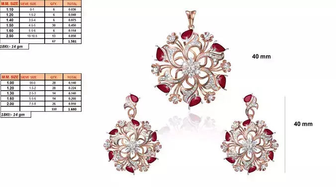 Flower Shaped Pendant and Earrings With Ruby