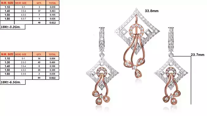 Square Shaped Pendant and Earrings With Diamonds