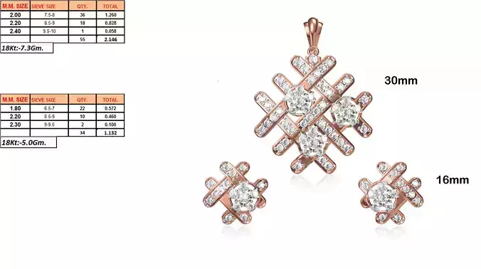 Criss Cross Shaped Pendant and Earrings With Diamonds 3D print model