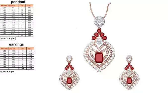 Marquise Shaped Pendant And Earrings With Ruby