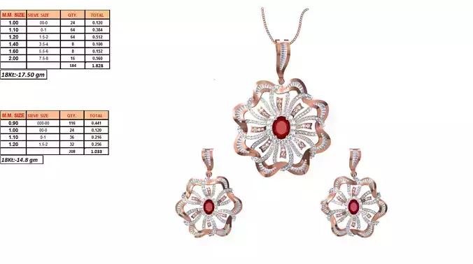 Flower Shaped Pendant And Earrings With Ruby
