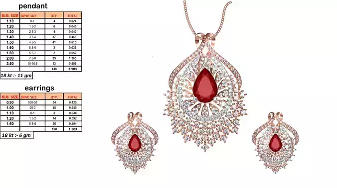 Rose Gold Pendant And Earrings With Ruby