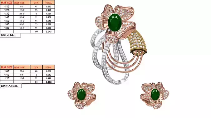 Flower Shaped Pendant And Earrings With Emerald 2 3D print model
