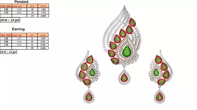 Drop Shaped Pendant and Earrings With Emerald 1