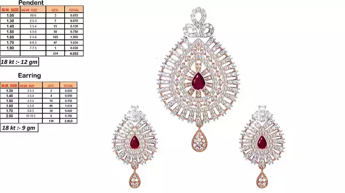 Drop Shaped Pendant and Earrings With Ruby 1