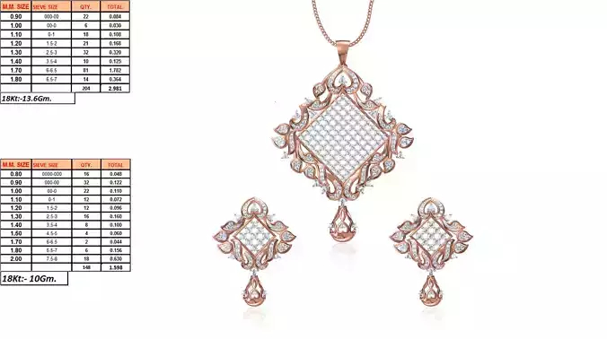 Square Pendant and Earrings With Diamonds