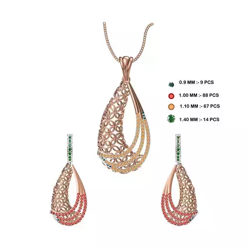 Drop Shaped Pendant and Earrings With Gem