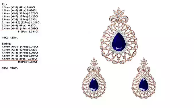 Drop Shaped Pendant and Earrings With Sapphire