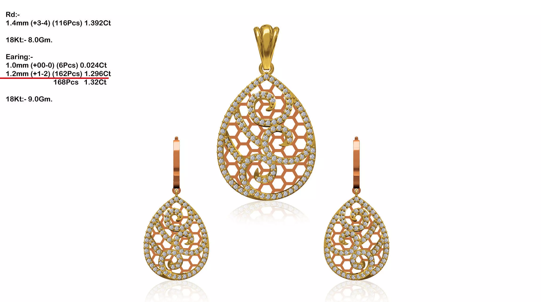 Drop Shaped Pendant And Earrings With Diamonds 1 3D print model_0