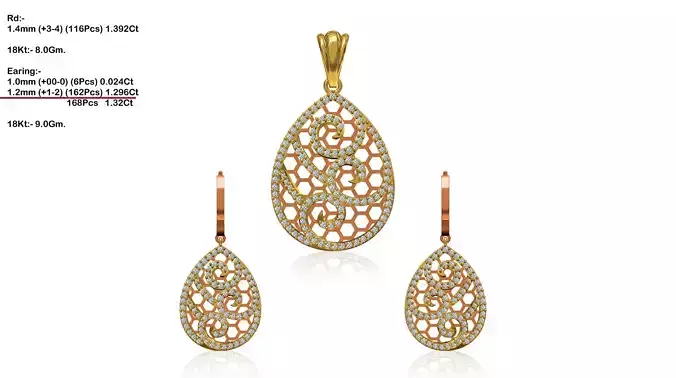 Drop Shaped Pendant And Earrings With Diamonds 1 3D print model