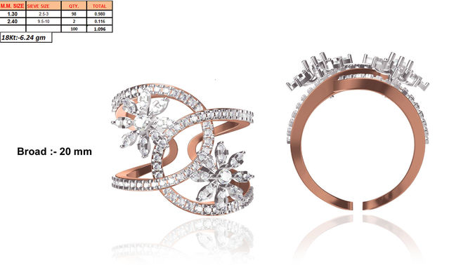 Floral Bent Rose Gold Ring With Diamonds 3D print model